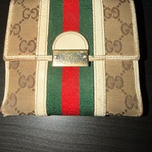 Gucci Beige Monogram Canvas Wallet with Red and Green Stripe